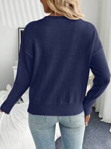 SHEIN Unity Jersey de cuello redondo con flores 3D de moda, jersey de punto de otoño/invierno - Azul - Ver 2