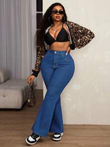 SHEIN SXY Plus Size Women Elastic High Waist Ruched Leg Fashionable Slimming Flare Jeans, Suitable For Autumn/Winter - Medium Wash - View 5