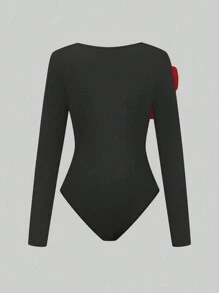 Xyvia 标准尺寸女士圆领收腰花卉装饰优雅长袖紧身衣 - 黑色 - 查看 2