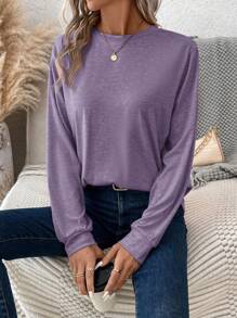 SHEIN LUNE Camiseta de manga larga de cuello redondo de unicolor informal para mujer