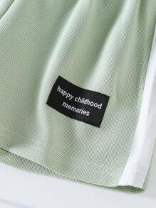 SHEIN 2pcs/Set Young Boy Kid Outfit, Stylish Contrast Color Comfortable Knit Short Sleeve Crew Neck Top And Matching Shorts Set, Casual Houndstooth Suitable For Travel, Vacation In Summer