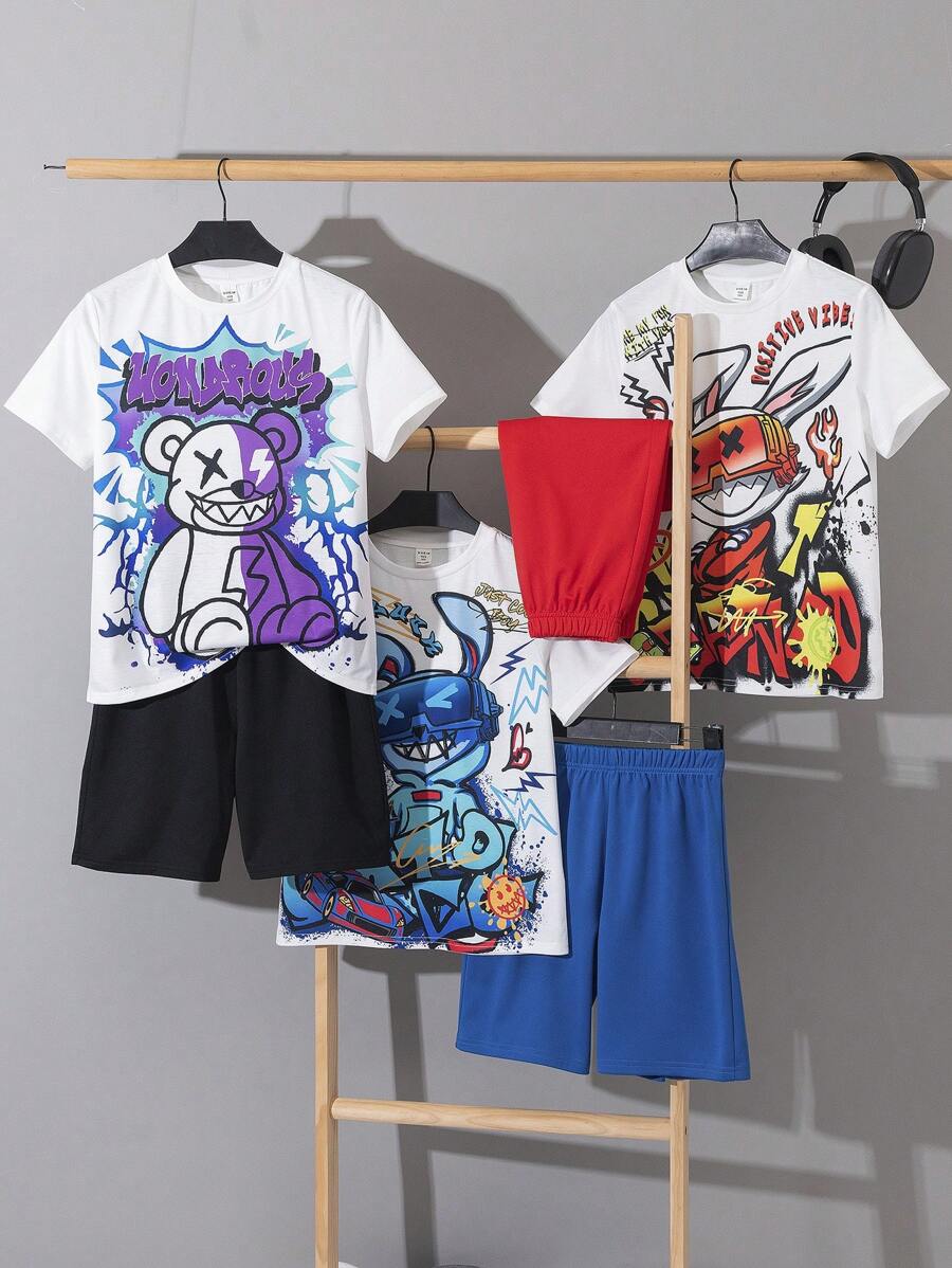 6pcs/Set Tween Boy Casual Street Fashion Graffiti Graphic Round Neck Short Sleeve T-Shirt & Shorts Set, Soft Fabric, High Cost-Performance, Suitable For Commuting, School, Daily Casual, Sports, Spring/Summer