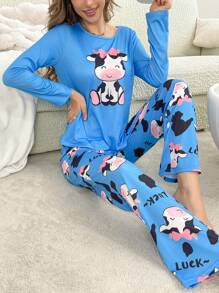 可爱卡通奶牛印花女士睡衣套装，秋冬舒适优雅细节