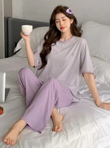 DAZY 2pcs/Set Loose Short Sleeve Printed Women Loungewear Set Pajama - Mauve Purple - View 1