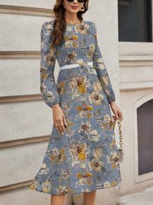 SHEIN Clasi Casual Vintage Floral Pattern Round Neck Long Sleeve Dress, Suitable For Spring And Autumn Chic Dress