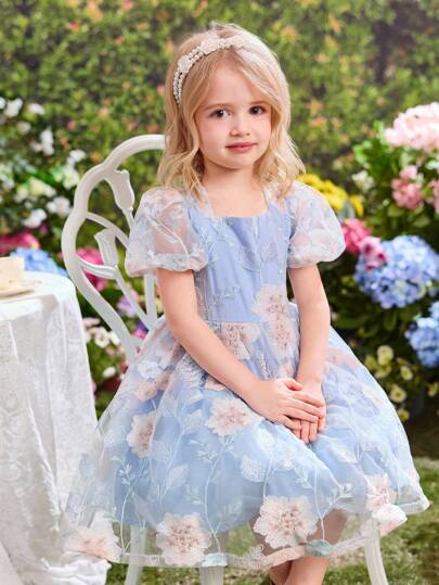 SHEIN Fern Glow  Young Girls Floral Embroidery Puff Sleeve Mesh Overlay Party Dress