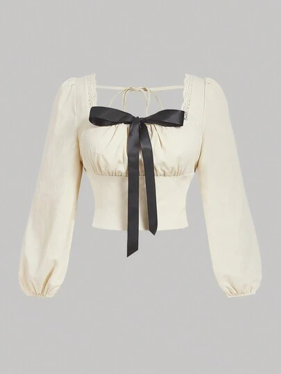 SHEIN MOD 杏色蝴蝶结饰边加大码长袖衬衫，蕾丝领，方领，蝴蝶结，长泡泡袖，休闲可爱短款大码衬衫