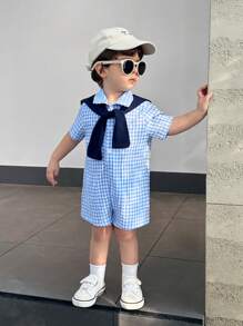 SHEIN Leap Crew 新生男婴/女婴休闲可爱蓝色格子短袖连体衣带斗篷，夏季 - 藍色 - 查看 3