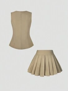 Sweetra Women's Elegant Luxury Style Decorated Button Vest + Pleated Mini Skirt 2 Pieces Suit Set For Party Y2K Outfit  - Khaki - View 2