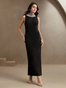 Anewsta Goddess Luxury Stand Collar Sleeveless Rhinestone Embellished Bodycon Maxi Backless Dress, Modesty Clothes For Women - Black - View 7