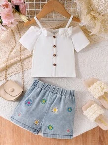 Baby Girl Summer New Fashion Off Shoulder Solid Ribbed Top + Embroidered Floral Denim Shorts Set - White - View 4