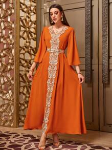 Layrah Orange Beaded Embroidery Waist Cincher Long Sleeve Dress, Arabian Dresses Kaftan Jalabiya Dress - Orange - View 3