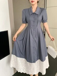DAZY Vestido camisero de mujer midi con mangas abullonadas y bloques de color para usar al aire libre