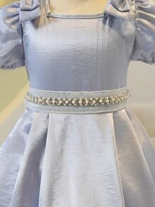 女孩优雅正式荷叶边领泡泡袖高腰缎带装饰缎面连衣裙，适合婚礼和花童，夏季 - 藍色 - 查看 3