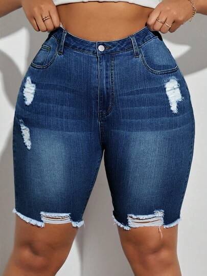 SHEIN SXY Plus Size Ripped Versatile Denim Shorts Autumn Outfits For Women  Jean Shorts For Women  Autumn Outfits For Women Festival Outfits   Casual Biker Shorts