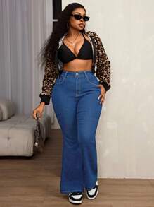 SHEIN SXY Plus Size Women Elastic High Waist Ruched Leg Fashionable Slimming Flare Jeans, Suitable For Autumn/Winter - Medium Wash - View 4