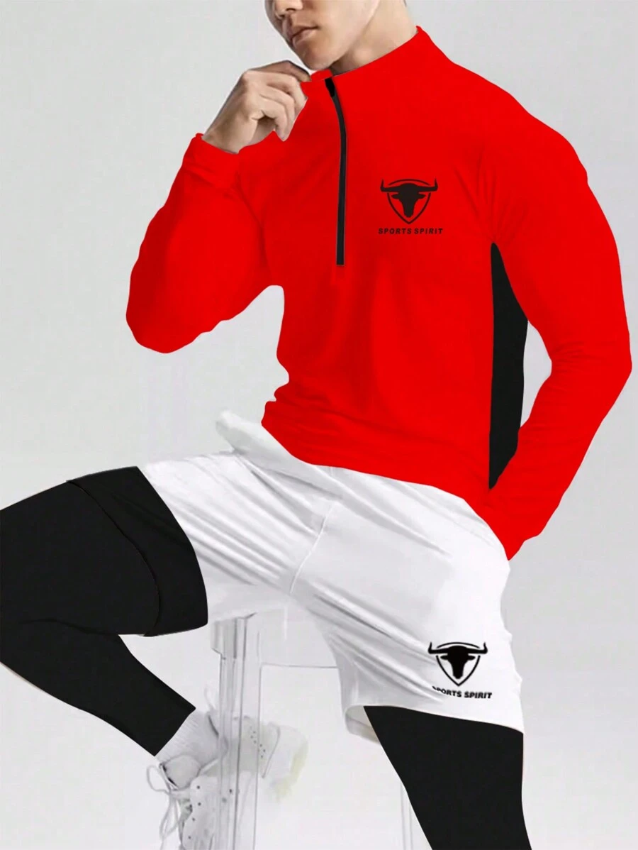 Gym Rark 男士撞色拼接长袖上衣和短裤/长裤运动套装健身训练套装 - 紅色 - 查看 1