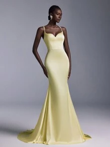 SHEIN Belle Váy dạ hội tối giản bằng vải satin màu vàng nhạt thanh lịch, váy dự tiệc cưới, hở lưng gợi cảm, đuôi cá xếp nếp, váy dạ hội trang trọng, váy dự tiệc - Màu vàng - Xem 4