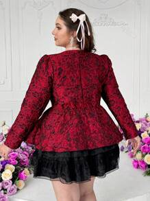 Flirla Plus Size Elegant Button Decor Ruffle Trim Crew Neck Long Sleeve Blouse, Suitable For Dates Peplum Top,Valentine Fall Cloth For Women - Red - View 3