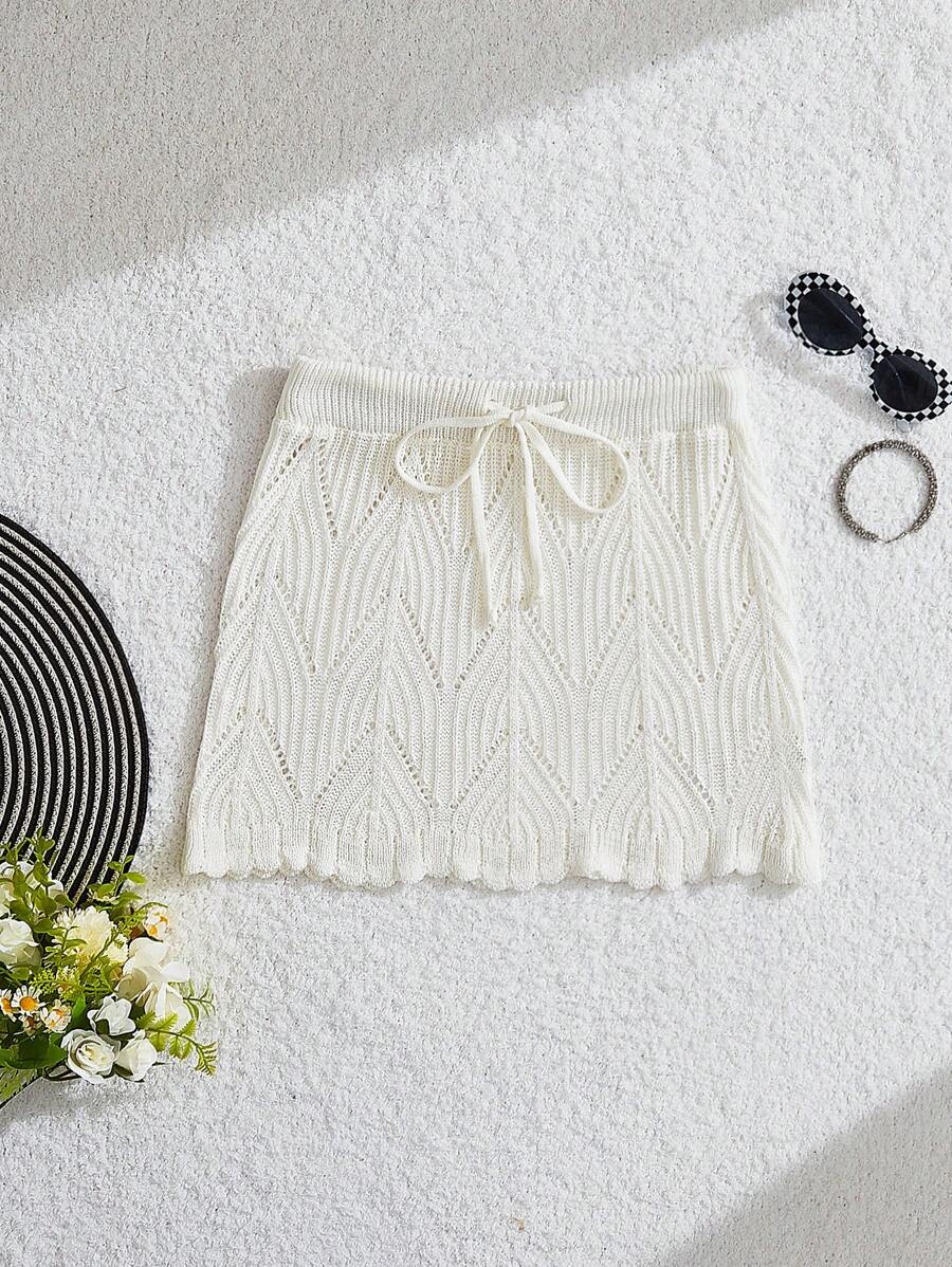 SHEIN MOD White Crochet Hollow-Out Cover-Up Skirt For Women, Vacation For Summer Beach Vacation