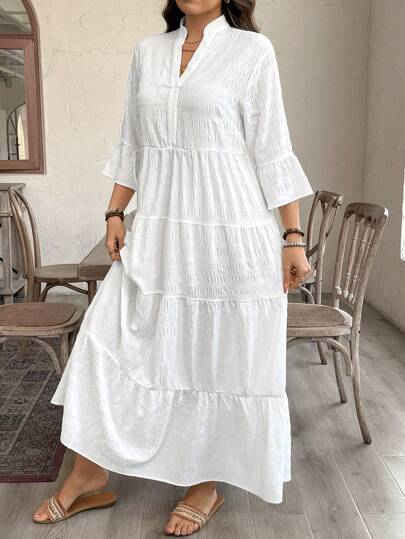 SHEIN LUNE Plus Size Bohemian Leaf Print Layered Babydoll Dress, Casual Vacation Lång Klänning För Sommar Lång Klänning Sommar Outfits För Kvinnor St Patrick Day Outfit Påsk Sommar Outfits Våroutfits För Kvinnor Beach Saint Patrick Easter Lounge Sets För Kvinnor Elegant Ultra Long Klänning