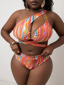 Slaydiva Conjunto de bikini de traje de baño para mujer talla grande con estampado abstracto y decoración de hebilla de metal para el verano