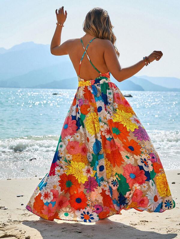 SHEIN VCAY Plus Size Casual Spaghetti Strap Backless Dress, Simple & Fashionable For Holiday & Daily Wear