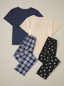 4pcs Teenage Girls Casual Fashion Heart, Eyelash, Moon, Letter Printed Brown Plaid Long Pants And Short Sleeve Pajama Set  Summer Kids Youth Girl Clothes Youth Girls Clothes Young Girl Pajama Pj Set For Kids Pj Sets For Teen - Apricot - View 2