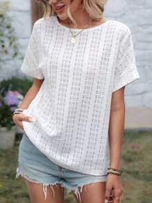 SHEIN LUNE Women Casual Textured Patchwork Lace Trim Criss-Cross Hollow Back Short Sleeve T-Shirt