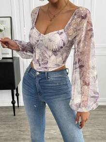 Calvaya Blusa de manga larga, de corte asimétrico, con detalles de espina de pescado, cierre con gancho y ojo, y estampado floral estilo vintage, para mujer, ideal para el Día de San Valentín