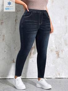 SHEIN LUNE Coolmax Plus Size Women's Elastic Waist Pocket Skinny Casual Denim Jeans - Dark Wash - View 1