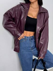 SHEIN ICON Drop Shoulder Zip Up Black PU Jacket - Rose Red - View 4