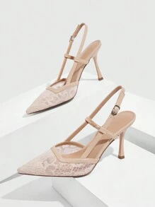 CUCCOO SZL Tacones de salón de punta fina de material de encaje color albaricoque con correa trasera para mujer, sexy para uso diario, citas, fiestas, vacaciones, San Valentín, boda