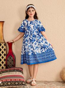 Holiday,Summer,Travel  Tween Girl Blue Floral Pattern Retro Print A-Line Ramadan Ramadan Eid Abaya Dress, With Fresh And Lively Design - Blue - View 3