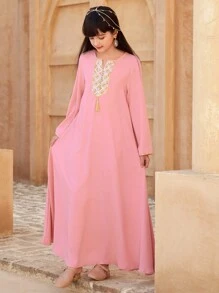 Tween Girls' Solid Color Long Sleeve Casual Minimalist Fashion Everyday Dress - Pink - View 5