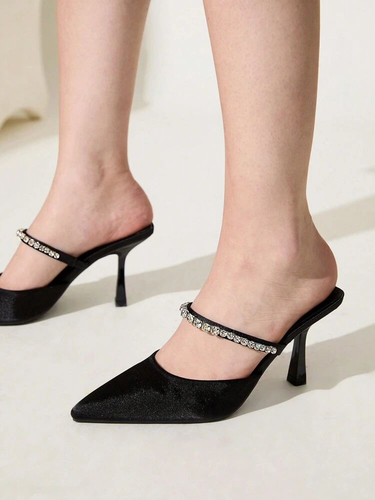 CUCCOO CHICEST Women's Fashion Black Silk Fabric Crystal Embellished Mule Pointed Toe High Heel Shoes, Suitable For Commute, Date, Party, Holiday, Wedding Summer Shoes Summer Break Easter Prom Heels For Christmas Elegant Shoes Wedding Shoes Summer Shoes Bride Shoes