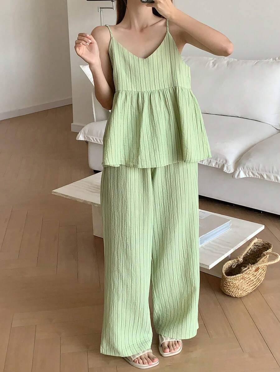 DAZY Women's Striped Camisole And Straight Pajama Pants Sleepwear Set - Green - View 1