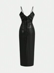 SHEIN Essnce Women's Solid Color Spaghetti Strap Slit Hem Fitted Long Dress - Black - View 3