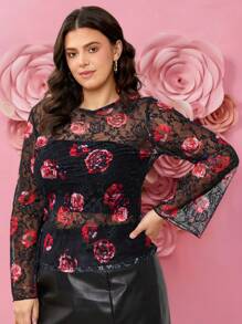 SHEIN LUNE 加大码圆领长袖蕾丝玫瑰印花上衣，适合情人节度假装，女士夏季服装 - 黑色 - 查看 1