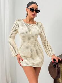EURMUSE Openwork Crochet Mini Dress – Long Sleeve Sheer Knit Beach Cover-Up With Lining - Beige - View 4