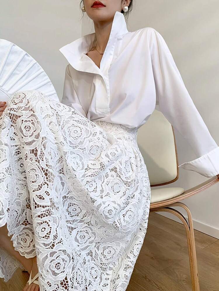 2pcs Women Lace Patchwork Blouse Top And A-Line Skirt Set, Loose