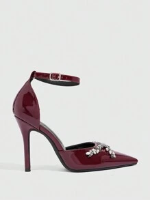 CUCCOO SZL Burgundy Rhinestone Embellished Pointed Toe High Heel Hollow-Out Women Evening Party Club Dress Shoes Spring Shoes Spring Break Easter Prom Heels - Burgundy - View 4