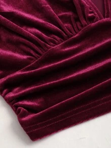 Sweetra Elegant Women's Velvet Deep V-Neck Top And Fitted Wide Leg Pants Set - Red - View 6