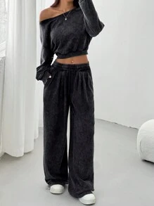 SHEIN EZwear 2pcs/Set Women's Summer Casual Asymmetric Hem Cropped Top And Pants Matching Set