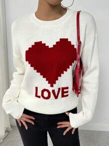 Chiquease Women's Casual Crew Neck Heart Print Pullover Sweater, Valentine's Day Knit Pullover Fall Winter Sweater