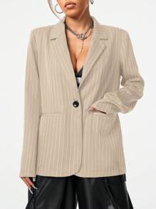 SHEIN EZwear Women's Fall/Winter Streetwear Striped Grey Suit Jacket - Coffee Brown - View 4