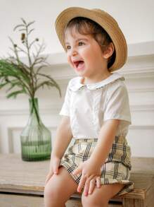 Souflis Souflis Set de 2 piezas para niños: Camisa de manga corta con cuello + Pantalones cortos a cuadros de cintura elástica, conjunto casual y versátil para uso al aire libre - Multicolor - Ver 4