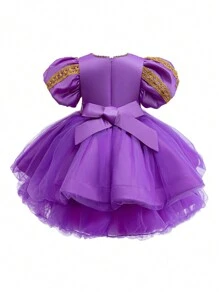 Young Girl Patchwork Ribbon Collar Puff Sleeve Net Mesh Princess Party Dress - Purple - View 2