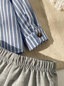 Souflis Souflis 2pcs Baby Boy Sets, Casual Minimal Vertical Striped Embroidered Collar Shirt And Solid Color Shorts, Blue And Gray Combination, Minimalist Style Suitable For Outdoor Play, Home Leisure, Sports, Spring, Summer, Autumn