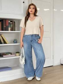 Solflare 休闲百搭浅米色透明 V 领大码 T 恤 - 杏色 - 查看 4